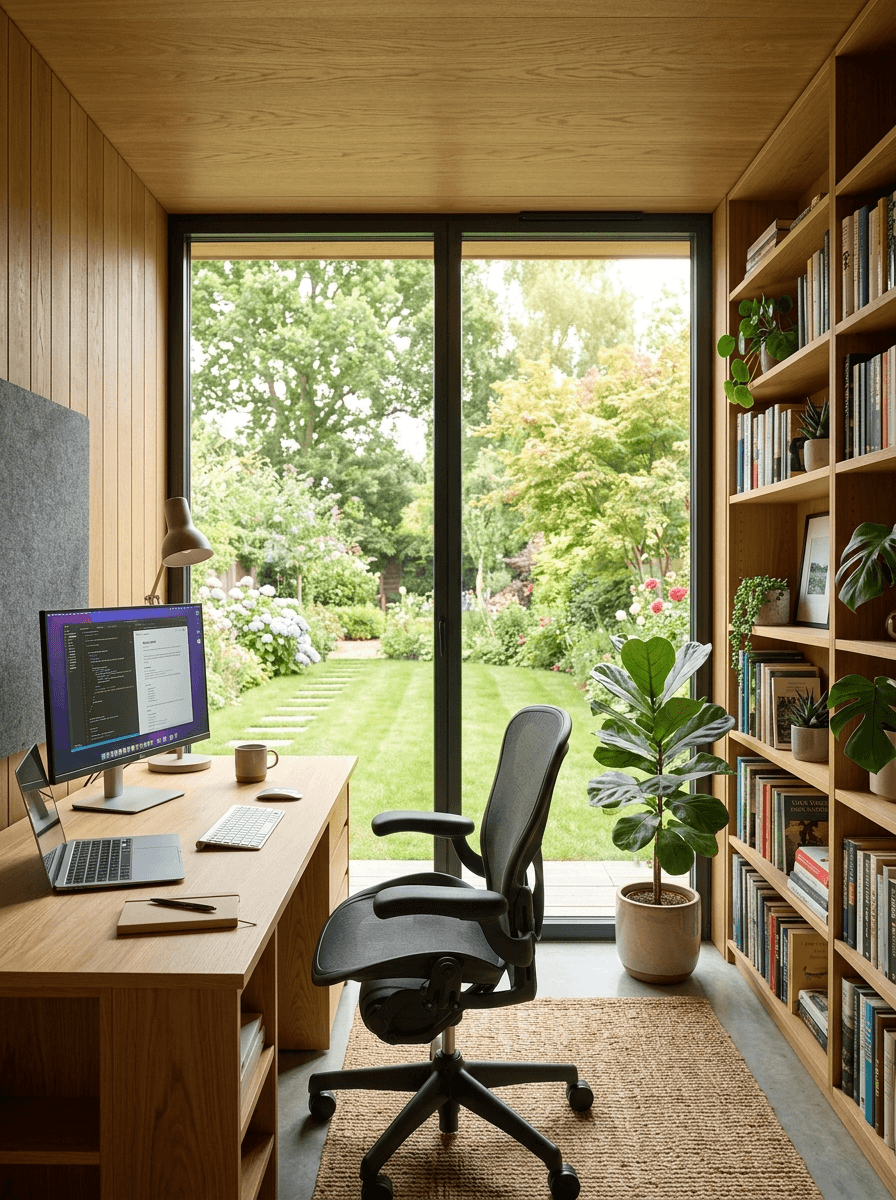 Interior of a garden office with a desk, monitor and timber-lined wall lit by full-height glazing
