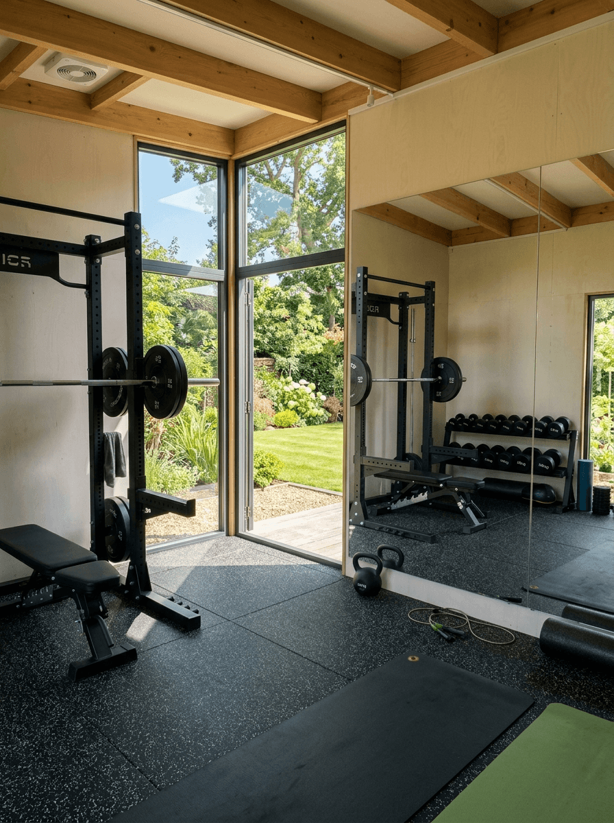 Interior of a garden gym with rubber flooring, a squat rack and a mirrored wall
