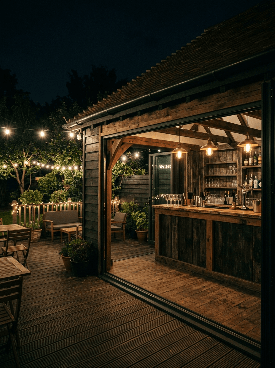 A garden bar at night with open bifold doors, warm pendant lighting and festoon lights