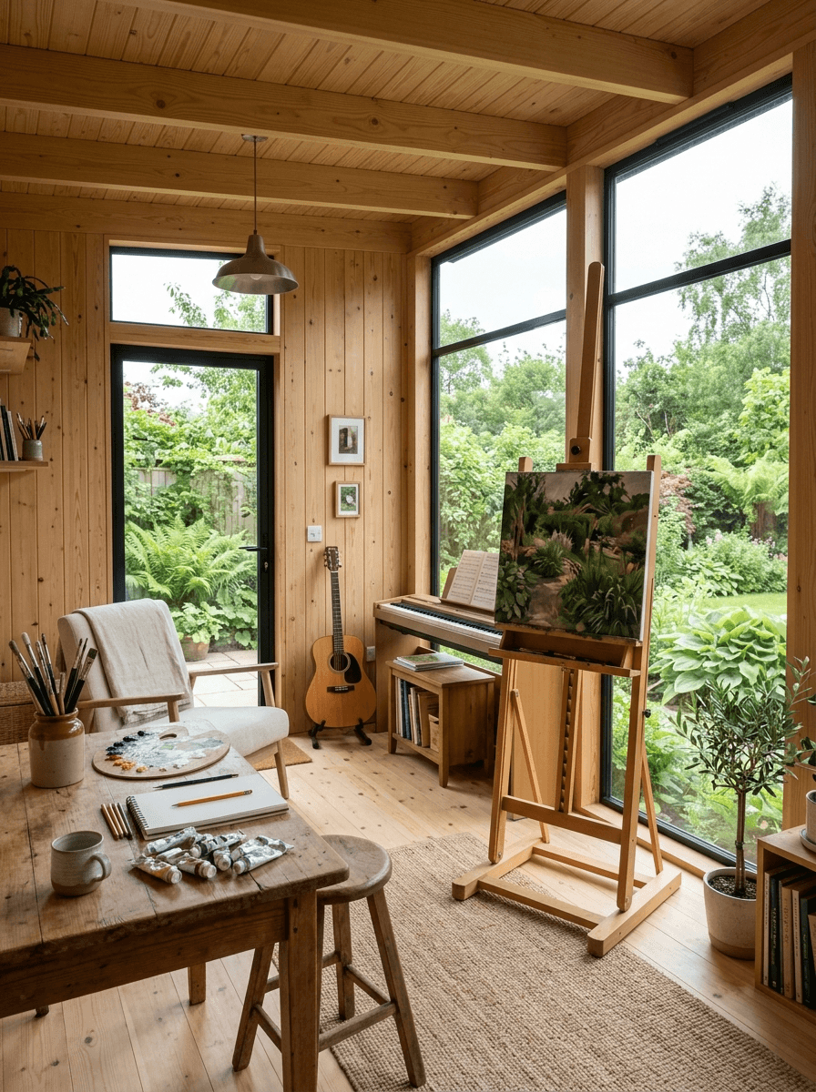 A calm, timber-lined garden studio with north light and an easel