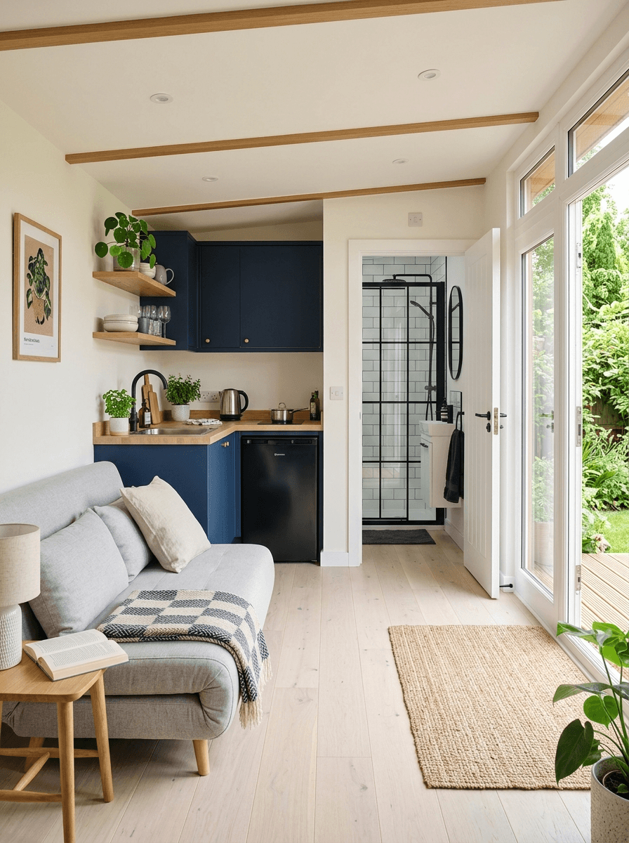 Interior of a compact garden annexe with a kitchenette and a door through to a shower room