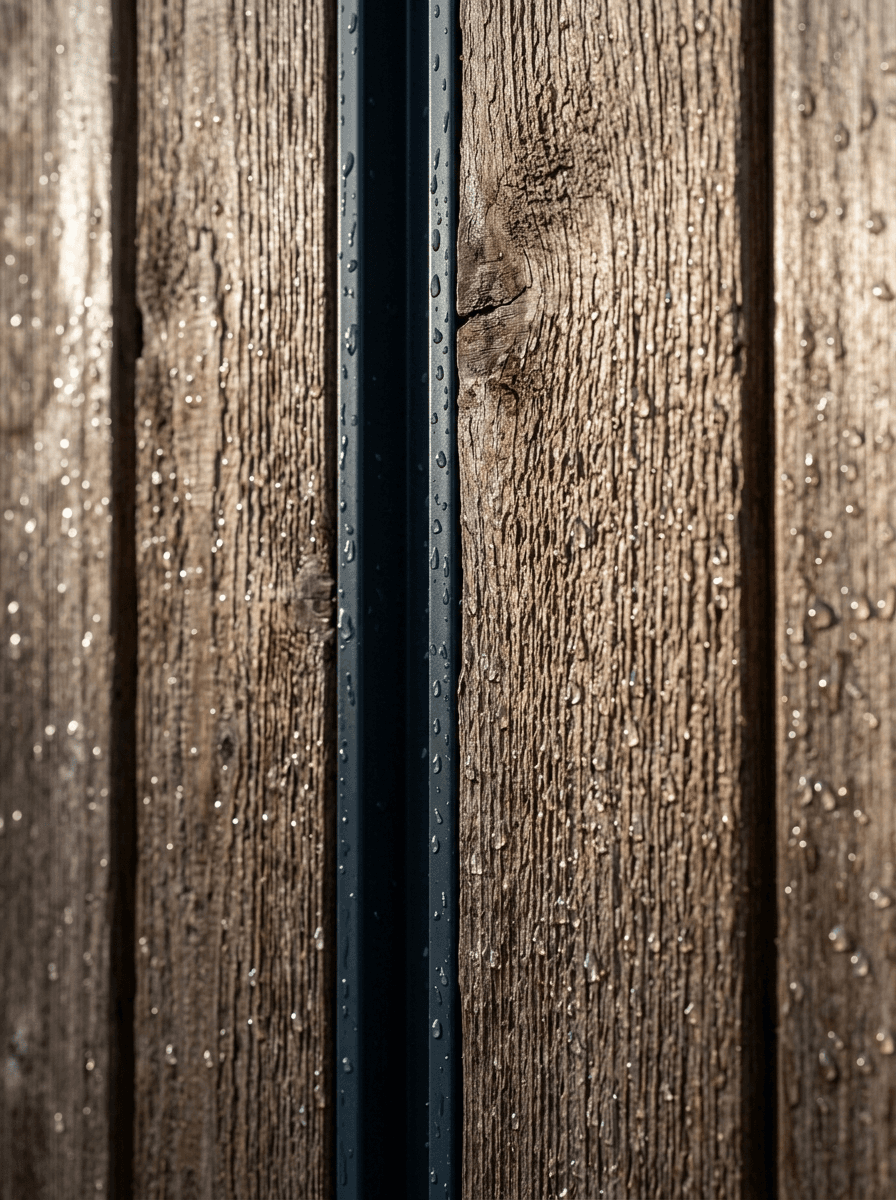 Macro detail of vertical cedar cladding boards with a dark aluminium reveal