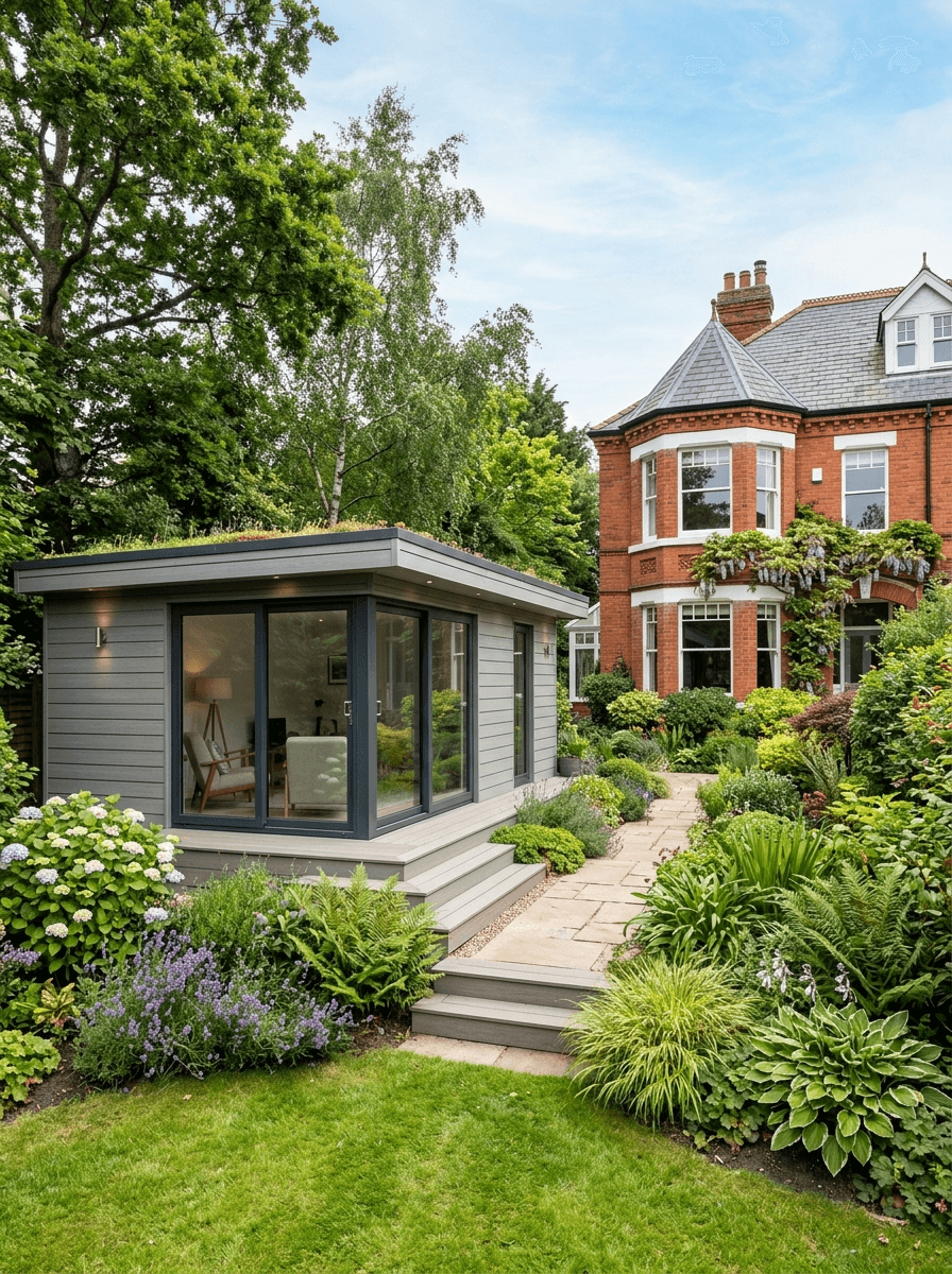 A contemporary grey composite-clad flat-roof garden room with a red-brick house behind