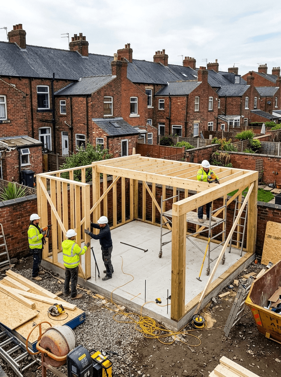A level base with a timber frame going up in a Manchester back garden