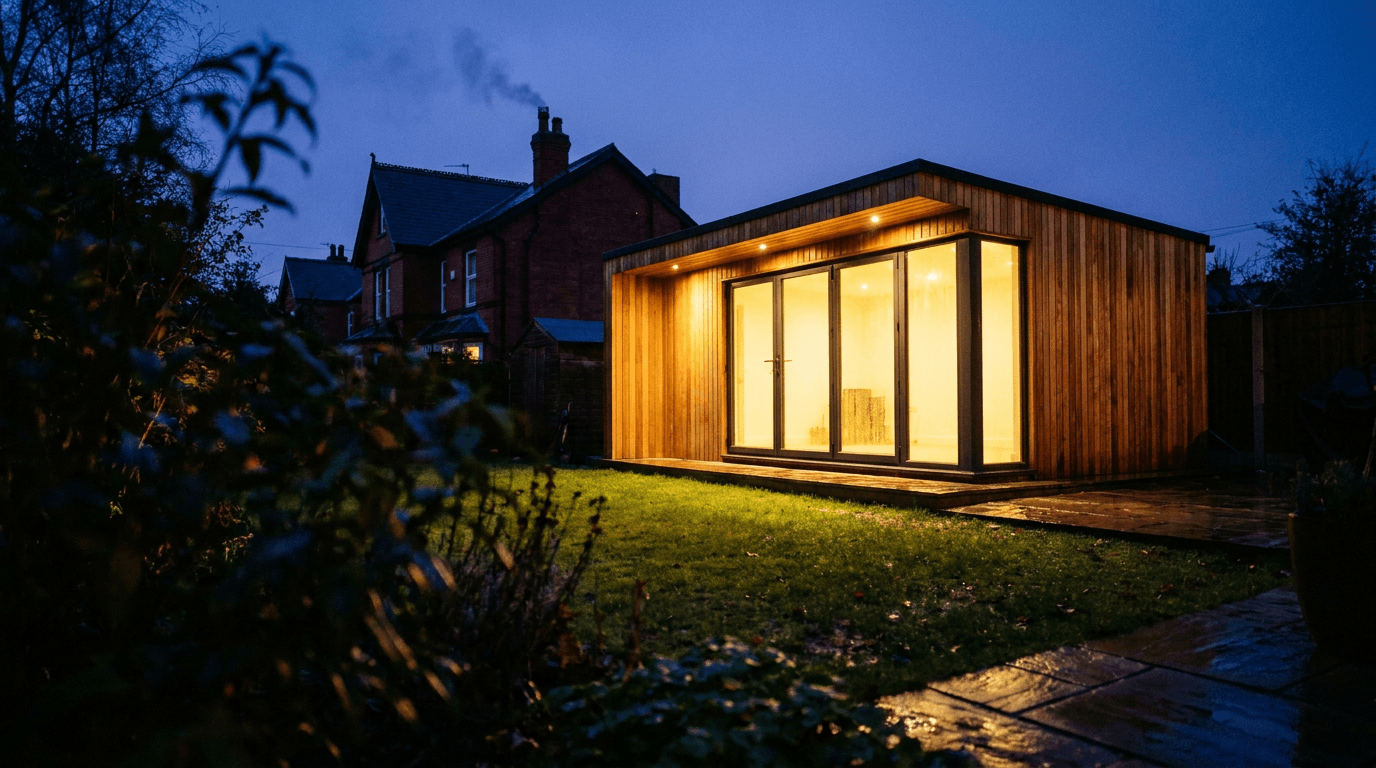 A cedar-clad garden room glowing at dusk at the end of a mature English garden