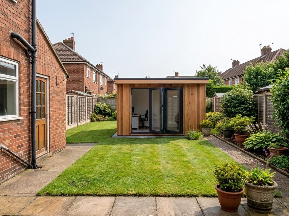 AI visualisation of a Studio 4×3 Bi-fold placed in the same garden — indicative only